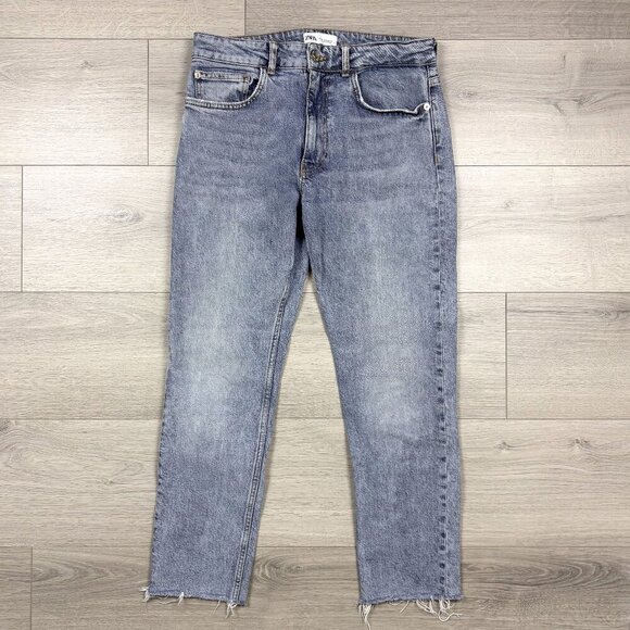 Zara Denim - ZARA Womens High Rise Straight Leg Blue Jeans Raw Hem Size 6
